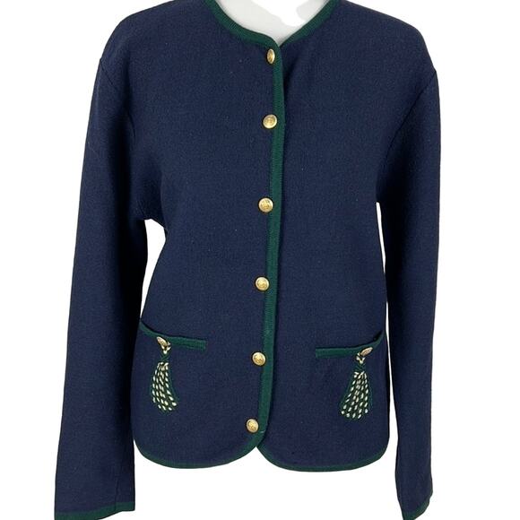 Vintage Pendleton Wool Cardigan Navy Blue Green trim Gold Buttons Size S Classic - Picture 1 of 10